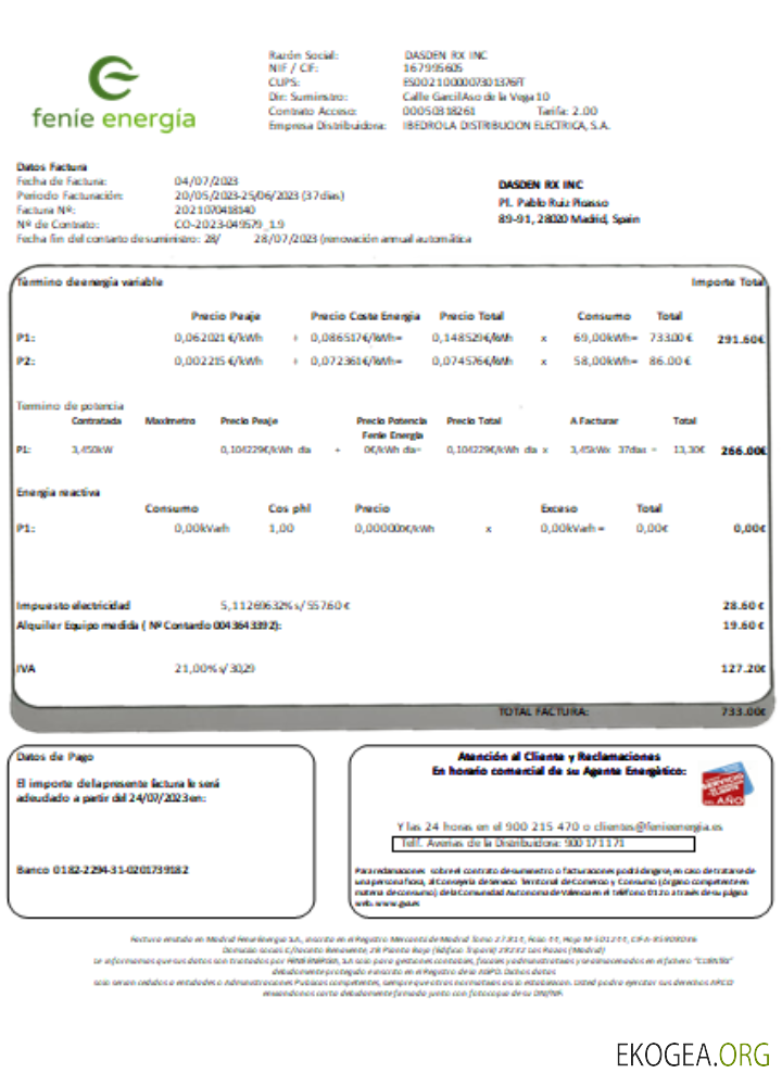 Facture d'entreprise de services publics Feníe Energía, SCR